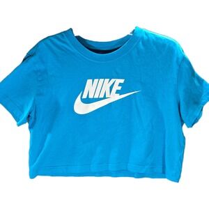 Nike Womens Loose Fit Cropped T-Shirt Blue White Futura Logo Tee Medium